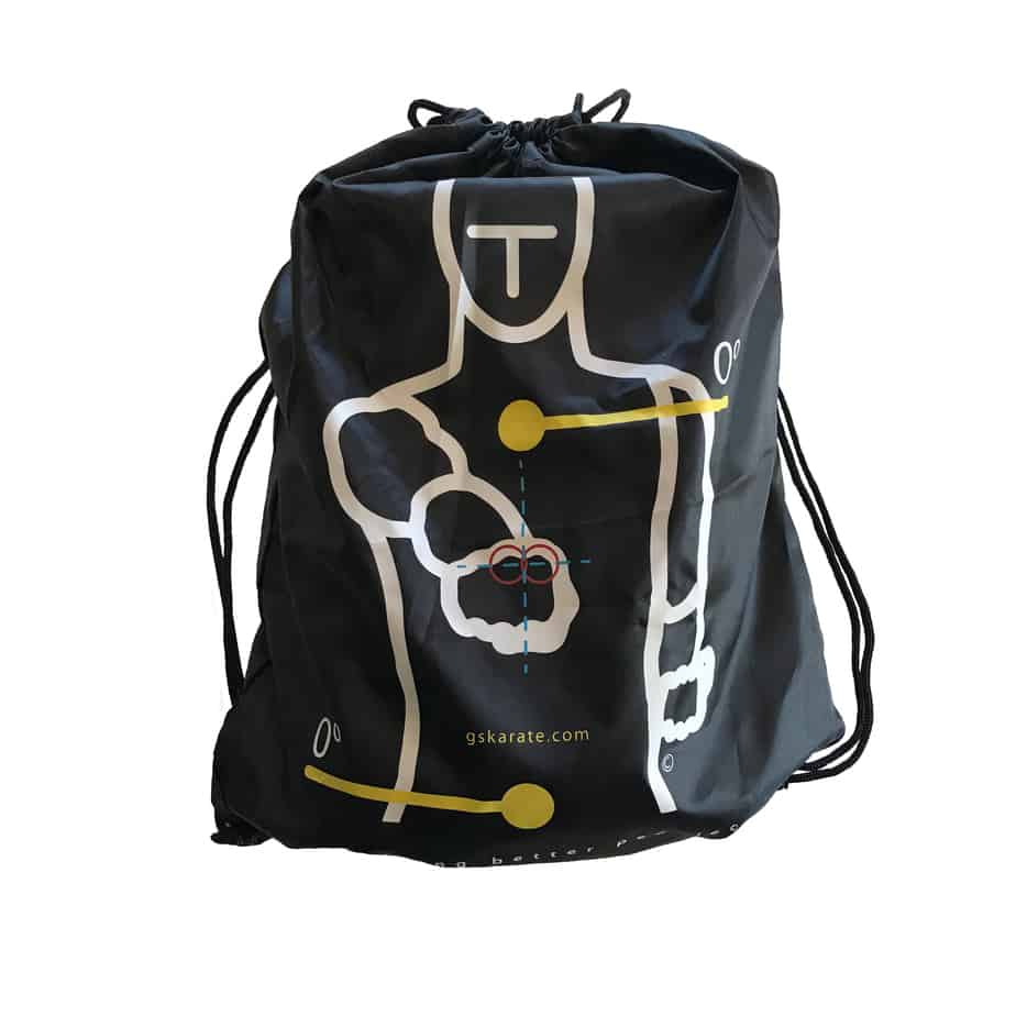 front view of and full gskarate drawstring bag