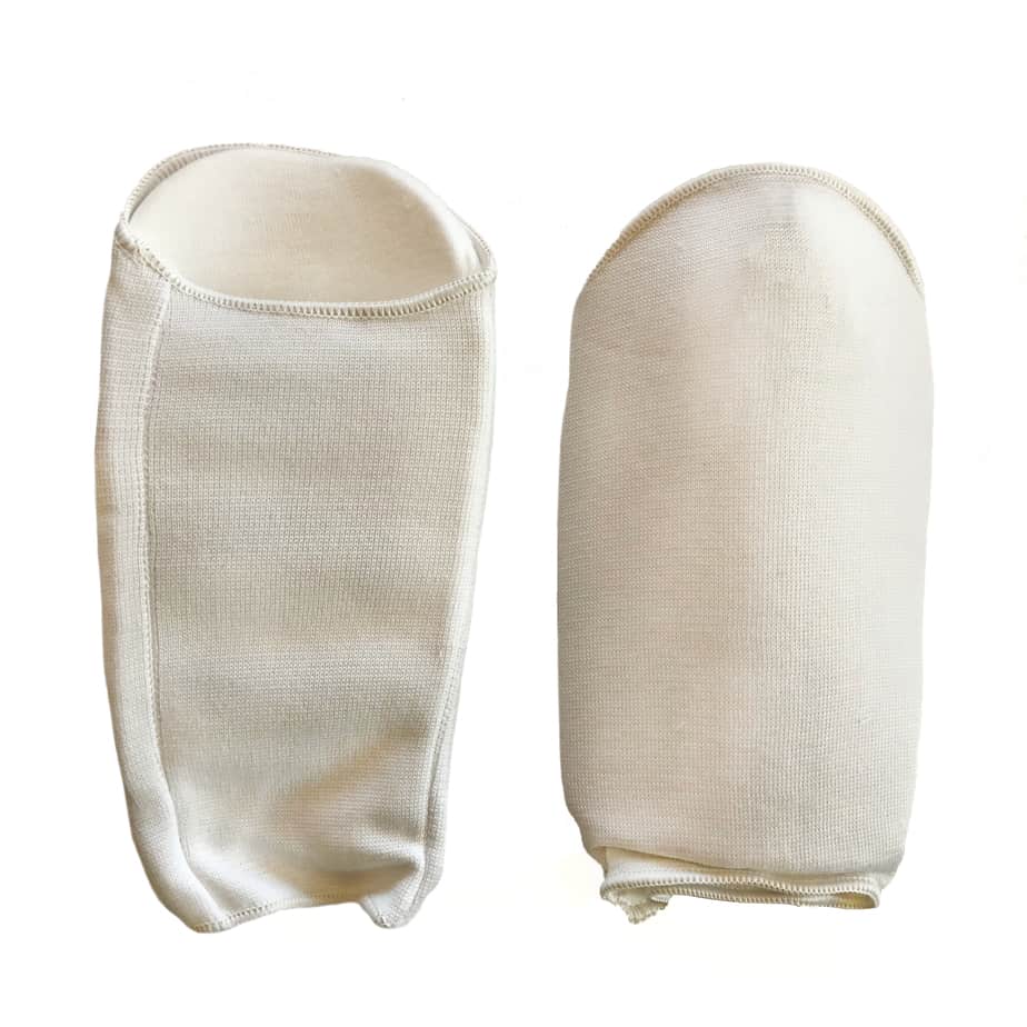 back and front view of white forearm protectors