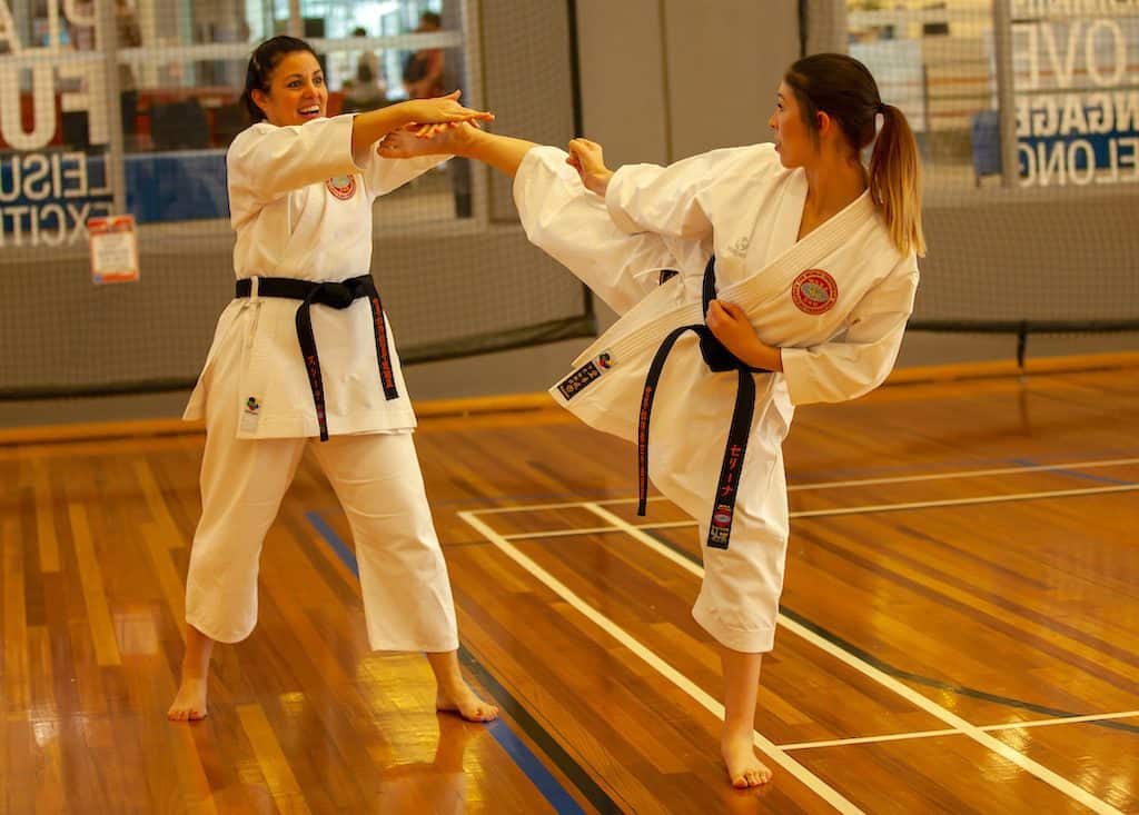 mother and daughter black belts practicing a head kick and block