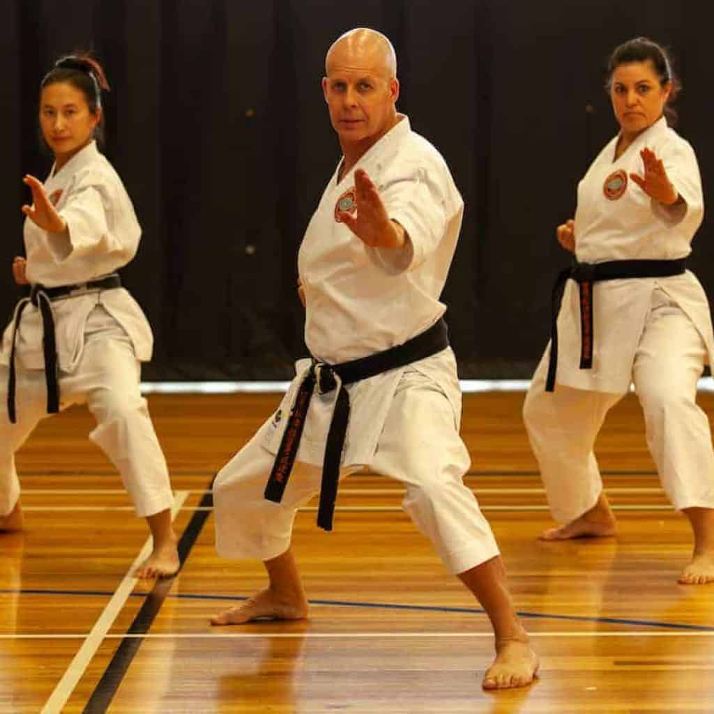 Karate for adults - blackbelt group standing in fudo dachi executing a knife hand block