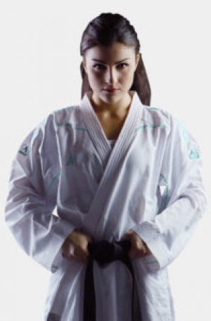 Young lady in karate uniform with hands on her black karate belt, Arawaza Zero Gravity Gi - Karate Uniform