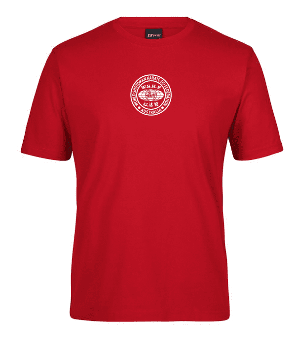 WSKF Australia T-Shirt. Front view of a red shirt with the WSKF Australia logo on the upper center.